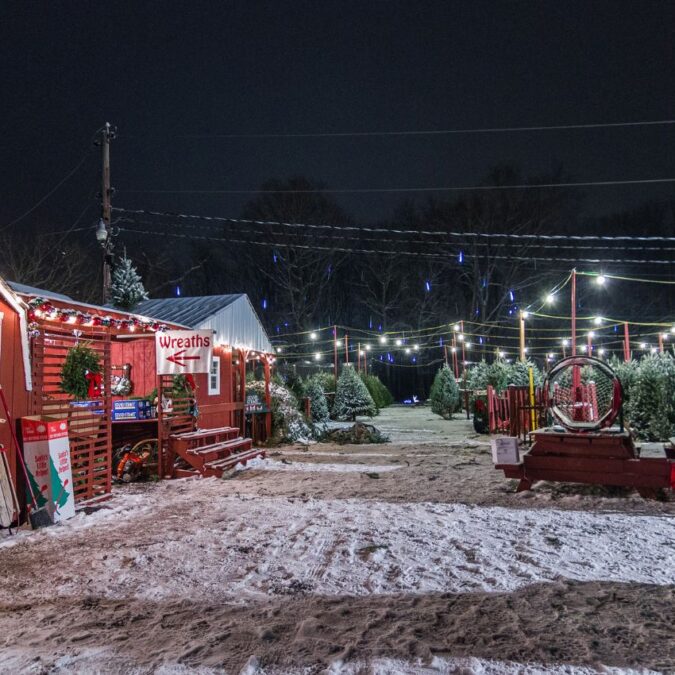 A red barn decked in twinkle lights on a winter night at Stout's Christmas Tree Farm.