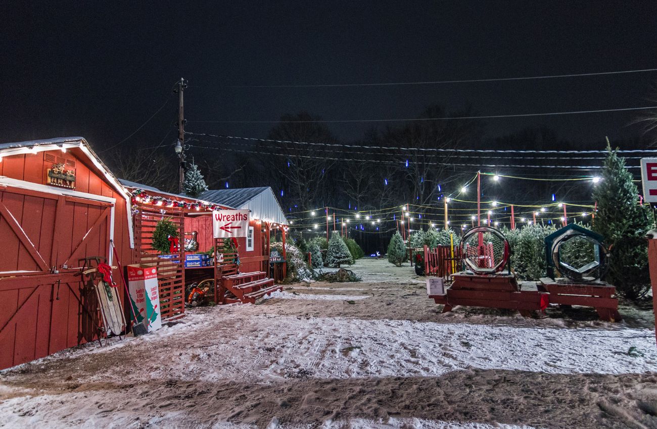 A red barn decked in twinkle lights on a winter night at Stout's Christmas Tree Farm.