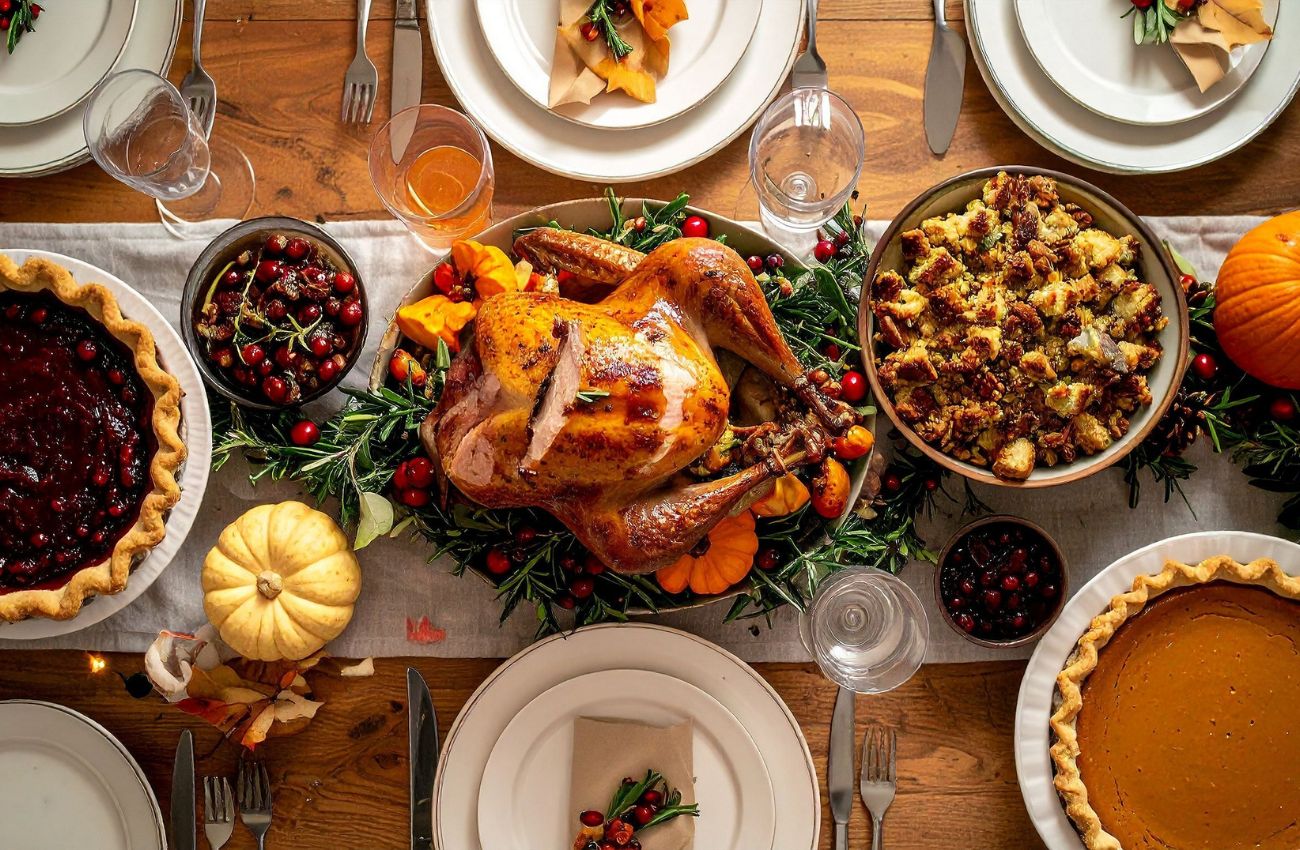 A holiday meal of turkey, sides, and pies are lined up in the center of the table.