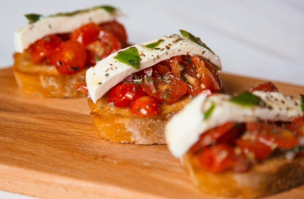 Three mozzarella and tomato bruschettas made a Villagio Cucina, a restaurant serving meals to go in Bucks County. 