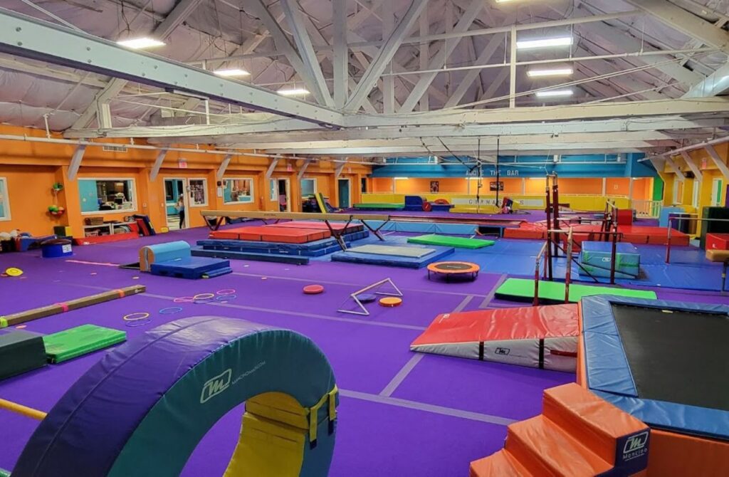 The colorful gym at Above the Bar Gymnastics in Jamison, PA. 