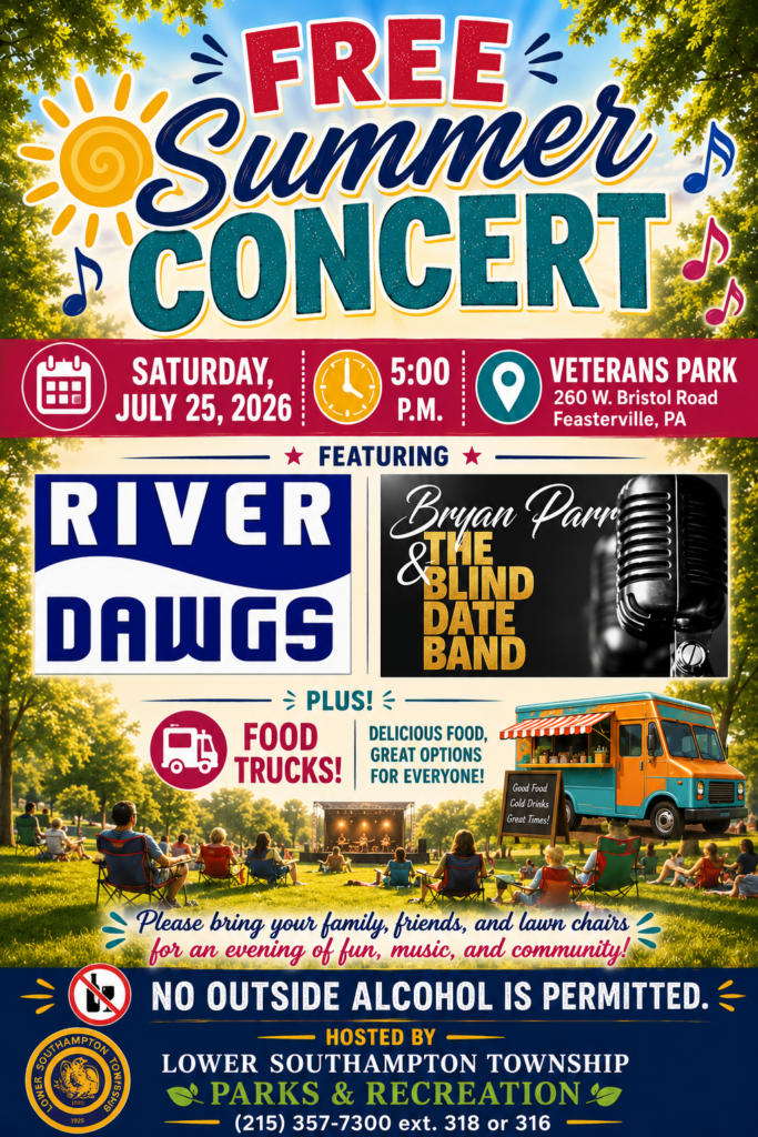 Flyer for Free Summer Concert at Veterans Park in Feasterville