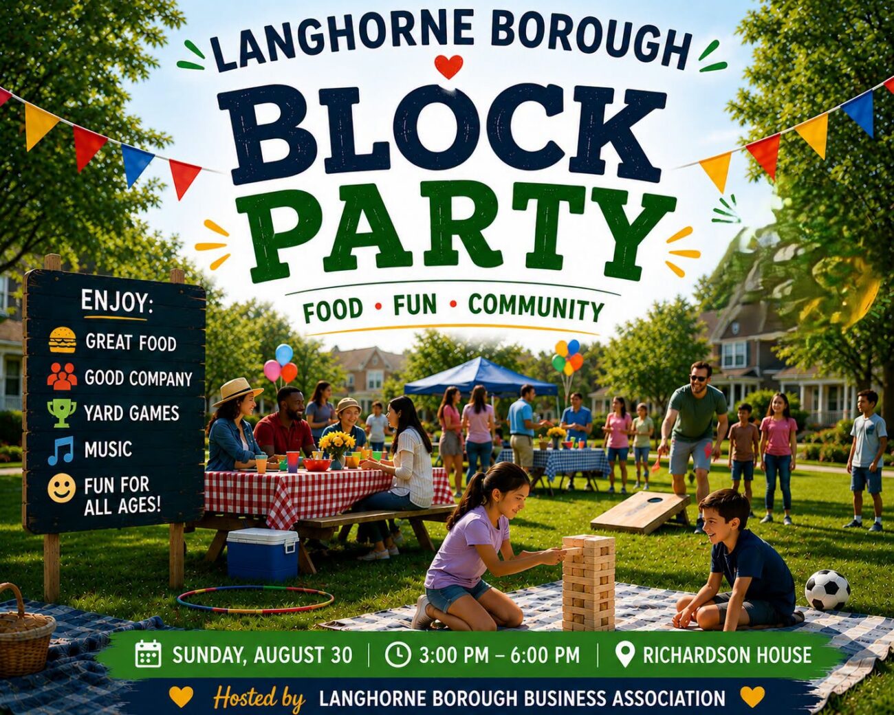 Flyer for 2026 Langhorne Borough Block Party in Langhorne, PA