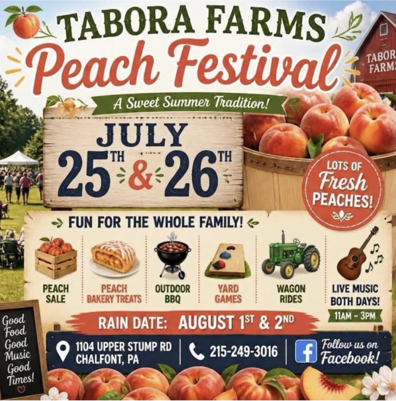 Flyer for Tabora Farms Peach Festival 2026 in Chalfont, PA