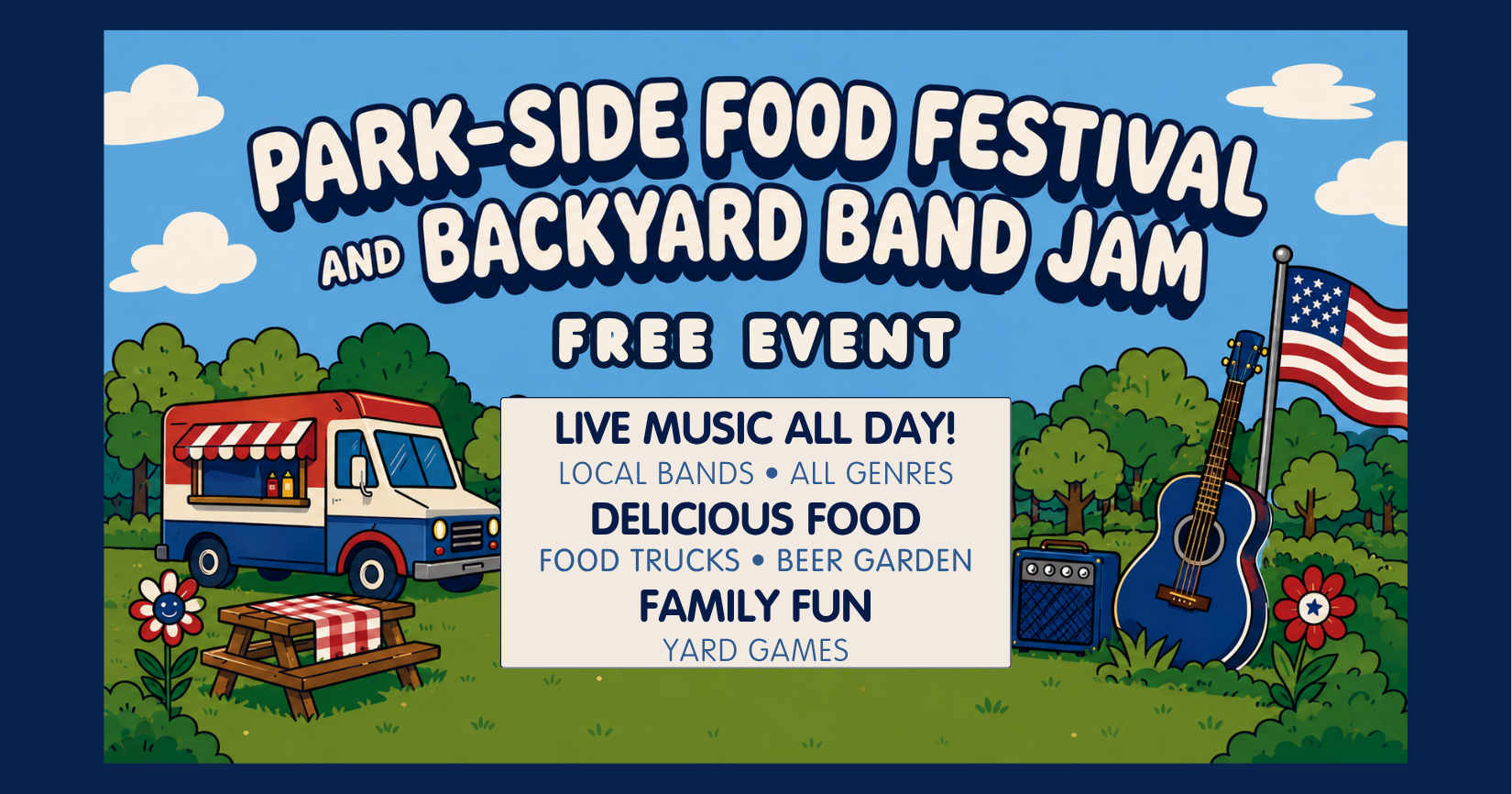 Flyer for the Park-Side Food Festival & Backyard Band Jam in Quakertown, PA