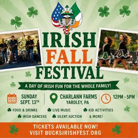 Flyer for Bucks County Irish Festival at Charlann Farms in Yardley